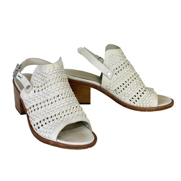Rag & Bone Wyatt Block Heel Open Toe Leather Sandal Ivory Woven Buckle Sz 38.5 8 - Picture 2 of 12
